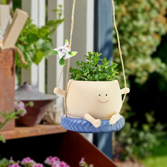 Cute Swing Hanging Planter with Windmill, Smiling Face Resin Plant Pot with Drainage Hole for Succulents , Indoor Outdoor Hanging Decor for Balcony, Garden, Window Sill