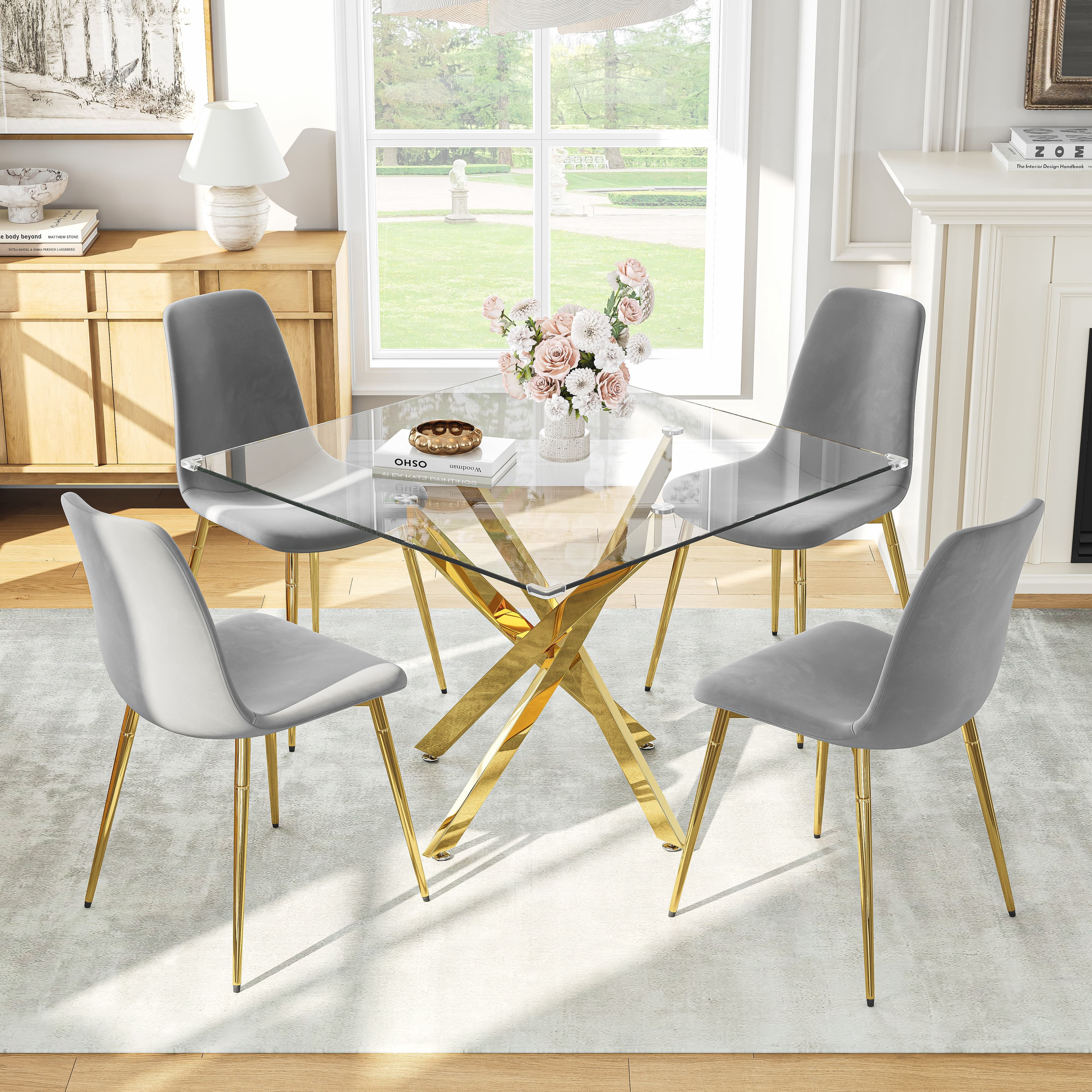 5-Piece 36" Square Glass Dining Set, Clear Tempered Glass Table & 4 Velvet Chairs with Stainless Steel Legs for Kitchen, Meeting Room