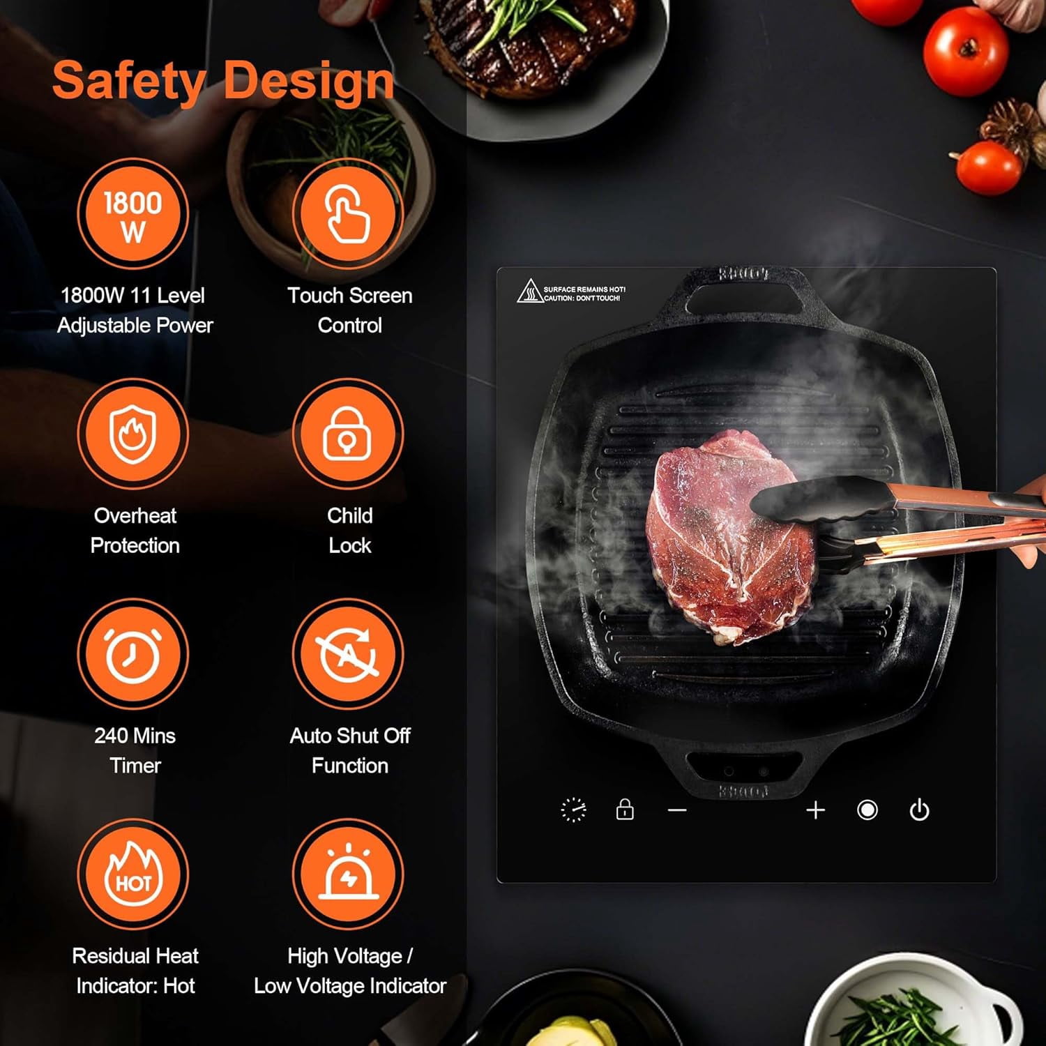1800W Electric Infrared Ceramic Hot Plate with Dual Coils, Portable Countertop or 12inch Built-in Cooktop for All Cookware