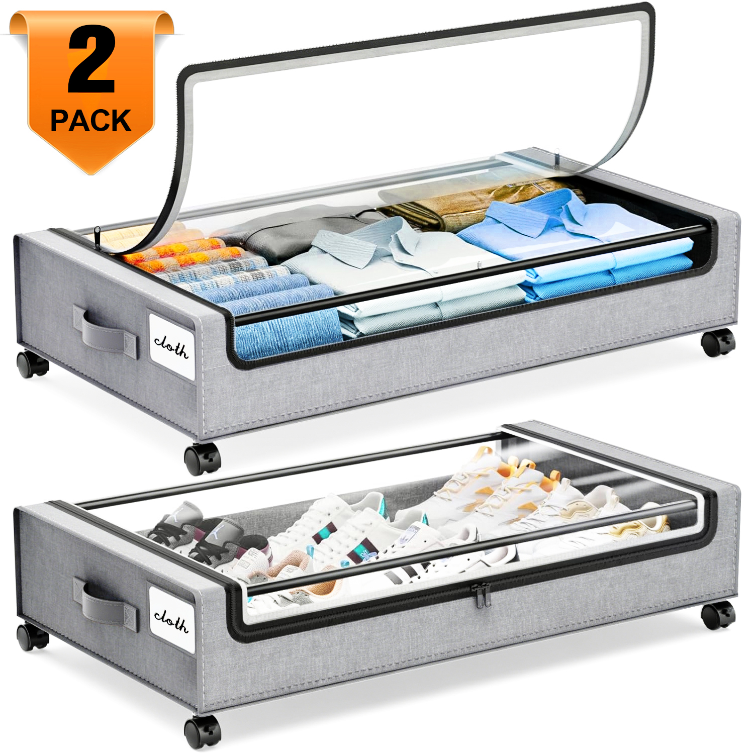 Foukus 2-Pack Under Bed Storage Bins with Wheels, Gray photo 1