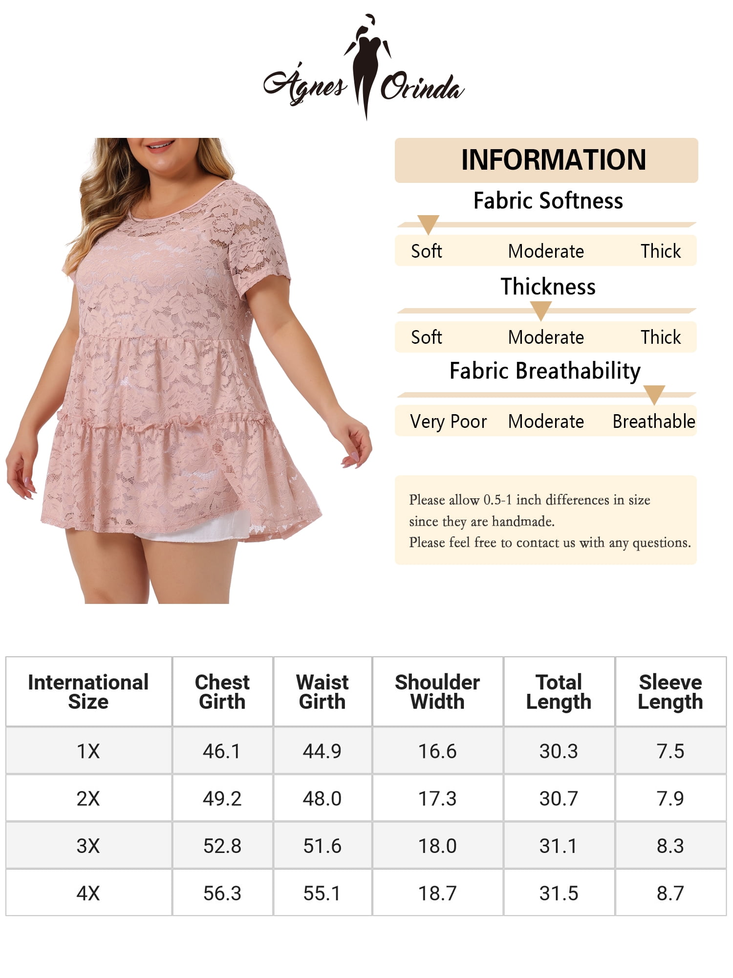 Unique Bargains Women's Plus Tunic Tiered Lace Round Neck Short Sleeve Peplum Tops 2X Pale Pink