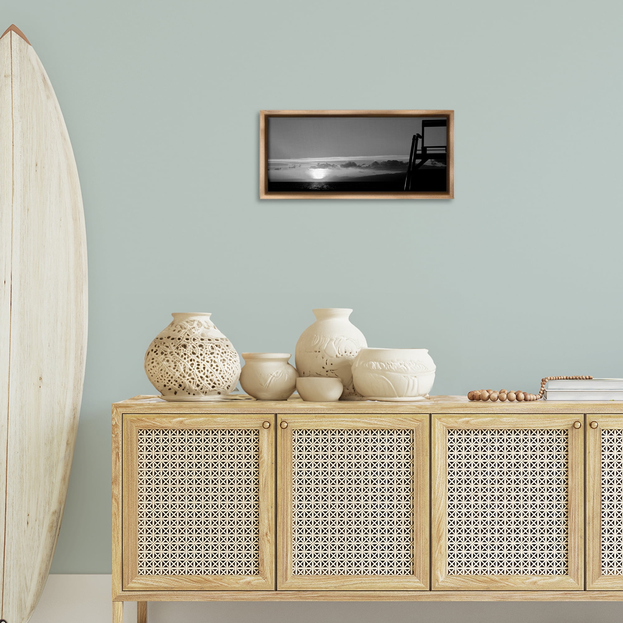 Stupell Industries Sunlit Lifeguard Station Landscape & Nature Photography Brown Floater Framed Canvas Art Print Wall Art, 25 x 11