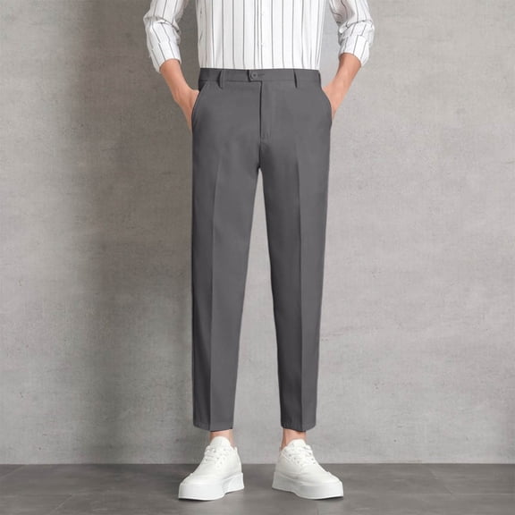 CQONEPT Men's Dress Pant Pleated Linen Suit Pants High Waist Straight Leg Business Casual Trousers with Pockets Dark Gray S