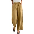 thumbnail image 3 of Women's High Waisted Wide Leg Pants Trousers Slacks Elastic Waistband Buttons Casual Linen Pockets Flowy Lightweight Breathable Summer Office Work Travel Lounge Wear | Aestivo,Khaki M, 3 of 9