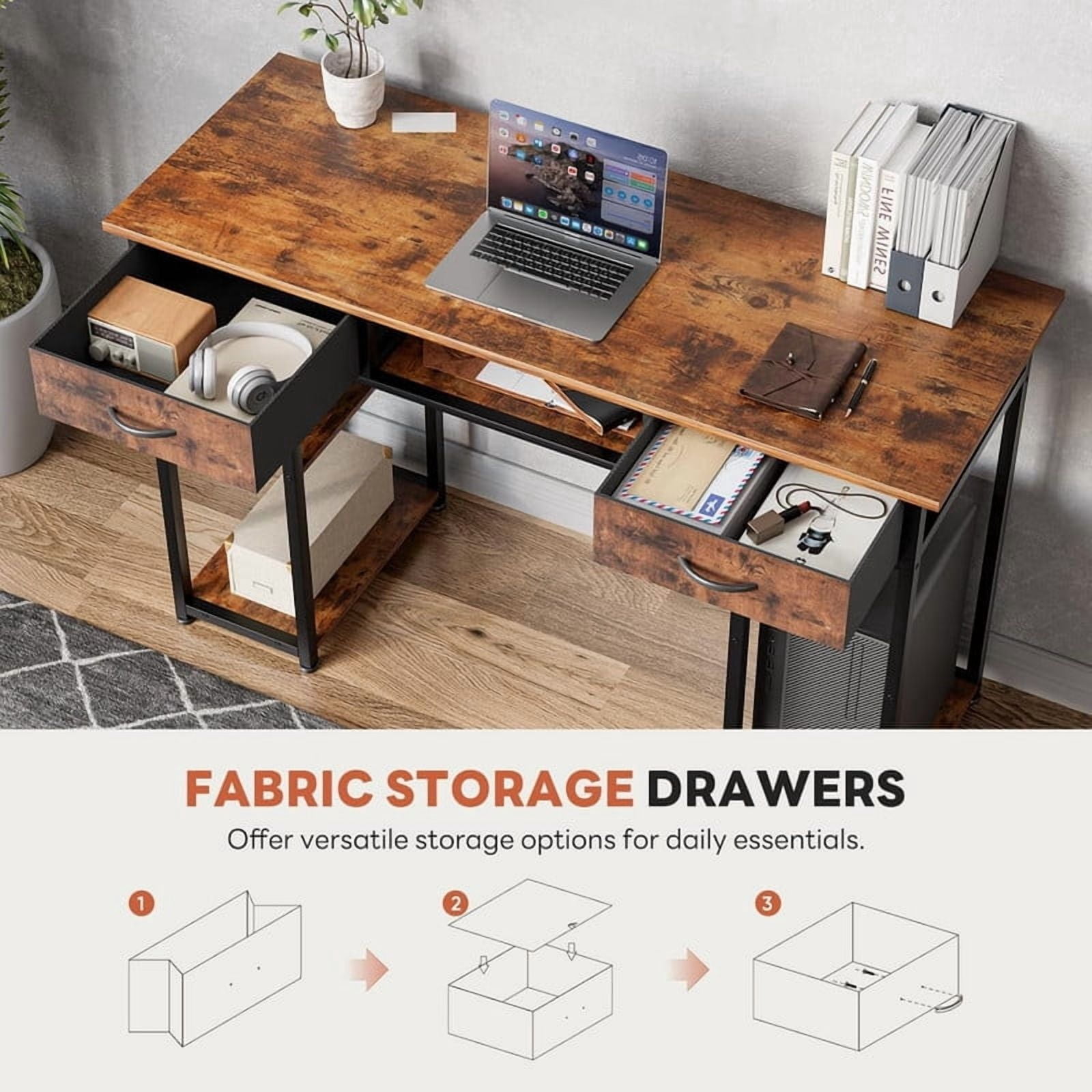 Kelno 48 Inch Computer Desk with 2 Fabric Drawer Storage Shelf Gaming Writing Table, Rustic Brown