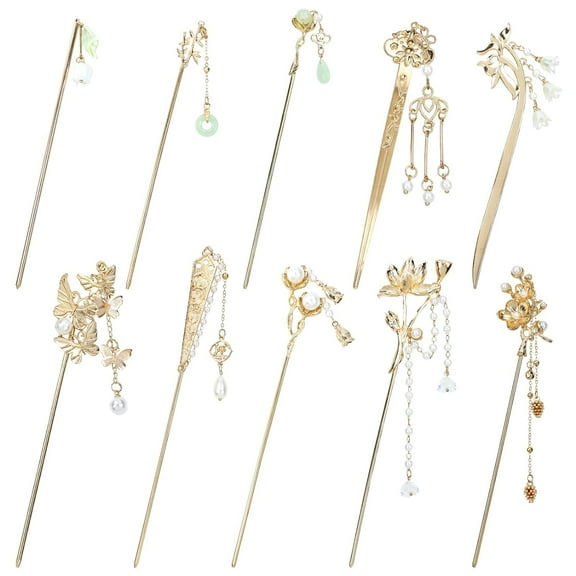 10 Pack Retro Gold Metal Long Hair Sticks Pins with Pearl Jade Dangles Tassels Pendants Chinese Hanfu Asian Flower Butterfly Hair Chopsticks Hair Picks Bun Forks Holders Hairpins for Women Girls