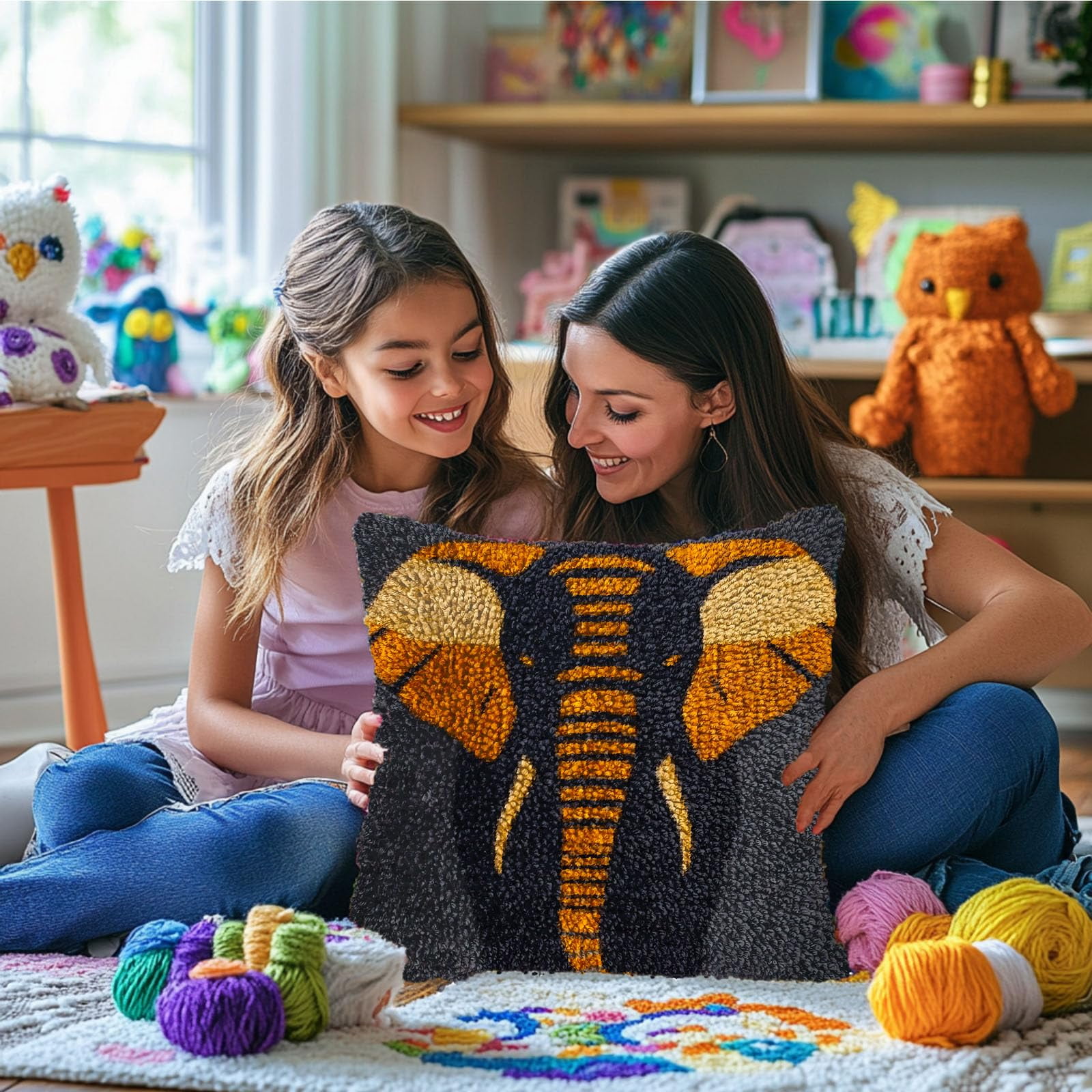 DIY Latch Hook Pillow Kits Grey Elephant Head Printed Pillowcase Crochet Yarns Hooking Handmade Pillow Cover Cushion for Home Sofa Decoration 17x17inch-3