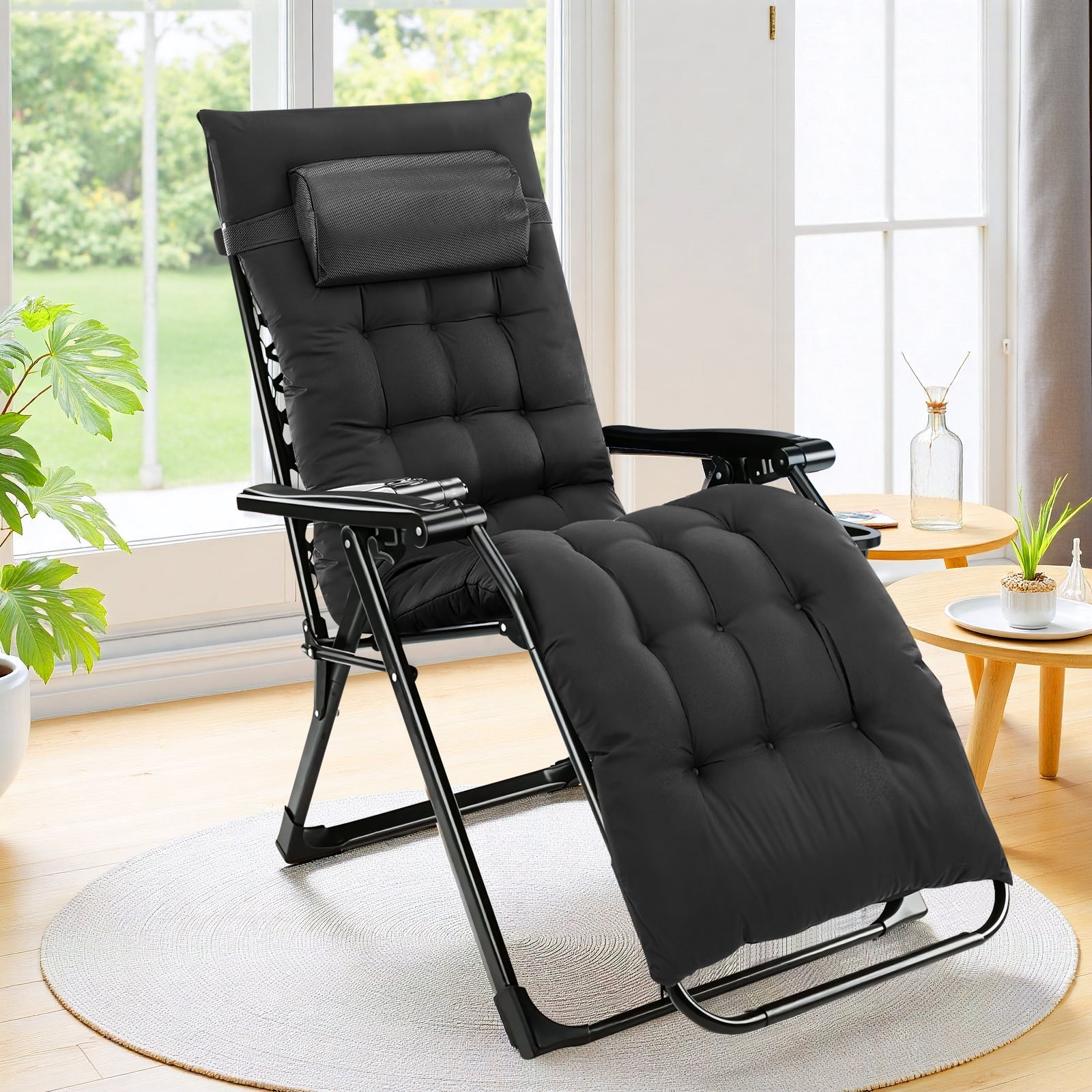 Simenmax Zero Gravity Chair, Heavy-Duty Reclining Lounge Chair with Padded Cushion & Cup Holder, Foldable Patio Recliner for Camping, Beach, and Indoor Relaxation,Black