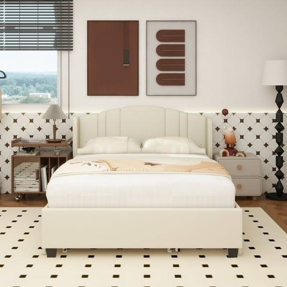 Upholstered Platform Bed with Wingback Headboard, One Twin Trundle and 2 Drawers, No Box Spring Needed, Linen Fabric, Queen Size, Beige