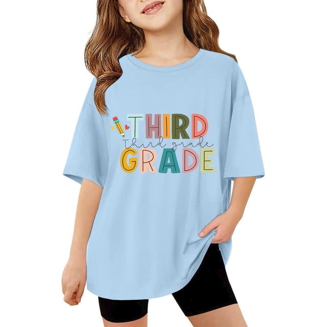 LUOGENLI T-Shirts pour Filles Taille 14-16 Tendance Mignon T-Shirt Décontracté à Manches Courtes pour Adolescentes Col Rond Imprimé Graphique Coupe Ample Tee pour Usage Quotidien École Printemps Été Bleu Taille 13-14 Ans