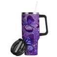 thumbnail image 2 of 40oz insulated car cup with handle and straw suitable for all ages Stainless steel vacuum insulated cup. Shimmering Purple Butterflies, 2 of 10
