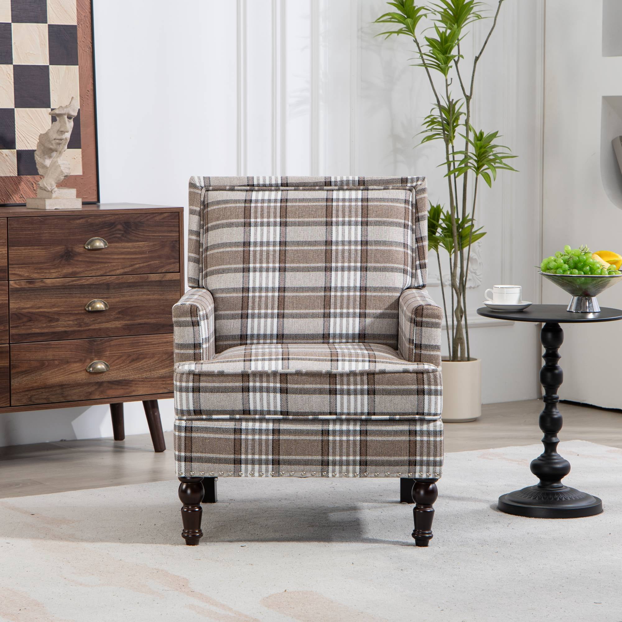 Mid Century Accent Chair Comfy Armchair with Wooden Legs & Nailhead Trim, Blue and White Striped Vintage Arm Chair, Coffee