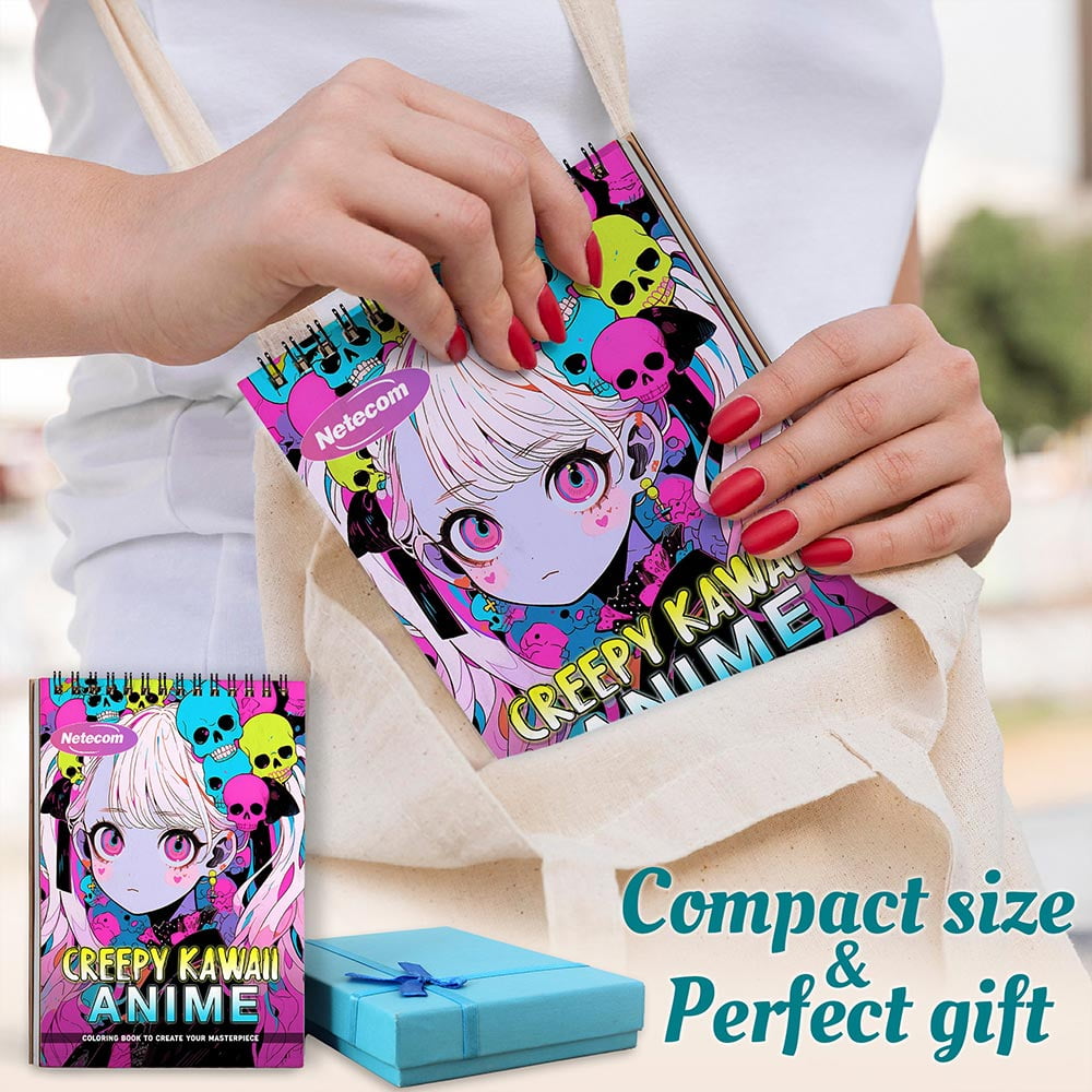 Creepy Kawaii Anime Coloring Book Spiral Bound For Adults, A5 Wooden Cover, 30 Adorable yet Eerie Coloring Pages in Kawaii Horror Style for Stress Relief and Relaxation