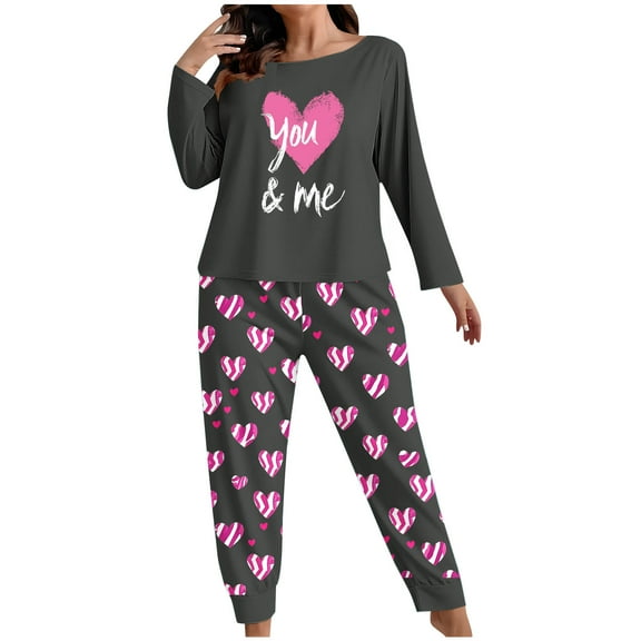 FAHXNVB Womens Plus Size Pajamas Set 2 Piece Long Sleeve Sleepwear Top and Long Pants Super Soft Hearts Printed Loungewear Pjs Sets