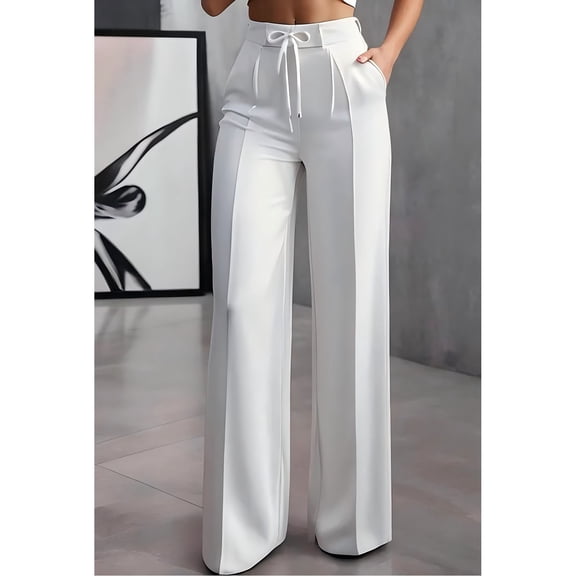 Cutuoiiu Women's Casual Solid Color Wide Leg Pants High Waist Straight Trousers with Pockets for Work Office Daily Wear