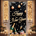 thumbnail image 5 of Gold Lettering Happy New Year Banner Black Background Festive Backdrop Champagne Bottle Design Gift Box Pattern Celebration Display for New Year Party Holiday Celebration Indoor Decoration, 5 of 9