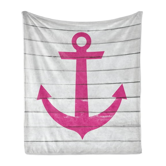 Nautical Soft Flannel Fleece Blanket, Anchor Motif Antiqued Rustic Striped Wooden Planks Sea Lover Ocean Theme, Cozy Plush for Indoor and Outdoor Use, 50" x 70", Pink and Off White, by Ambesonne