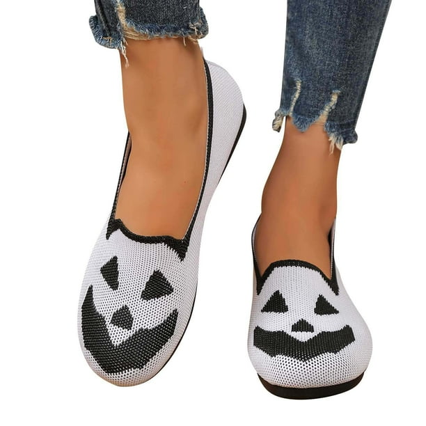 Amzcrzy Zapatos de mujer,Zapatos de mujer,Zapatillas de mujer, Zapatos planos para mujer, mocasines de malla con estampado de Halloween, zapatos transpirables con suela de espuma suave. Sandalias Muj