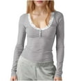 thumbnail image 2 of BiZtdJrK Women Workout Henley Shirts Lace Patchwork Button Crew Neck Long Sleeve Tee Tops Slim Fit Ribbed Knit Casual Tees Lightweight Yoga T Shirt Gray L, 2 of 7