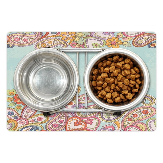 Floral Pet Mat for Food and Water, Hand Drawn Ornamental Horizontal Pattern Traditional Paisley on Vintage Background, Non-Slip Rubber Mat for Dogs and Cats, 18" X 12", by Ambesonne