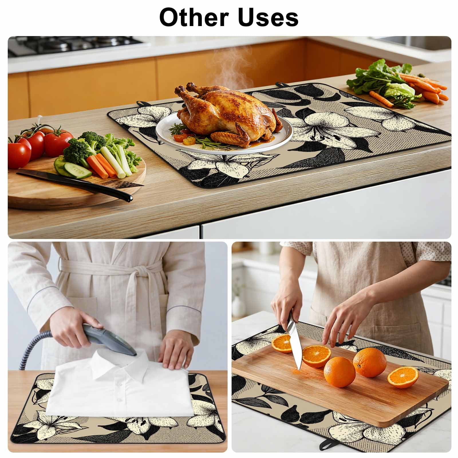 Black Floral Stove Top Cover for Electric Stove, Heat-proof & Non Slip Glass Top Stove Cover Protector, Vintage Khaki Floral Retrp Plant Leaf Kitchen Flat Cooktop Rubber Mat 24x21 Inches