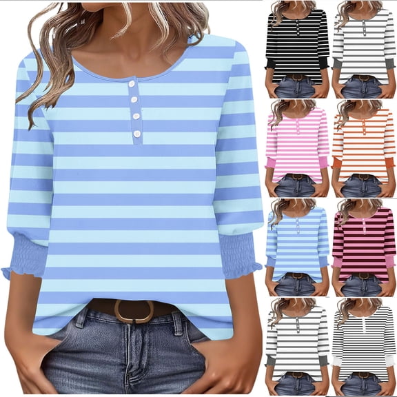 Jsaierl Womens 3/4 Sleeve Tops Plus Size Button Up Crew Neck Shirts Boho Striped Ladies Blouses Classic Vacation Tunic Top S-2XL