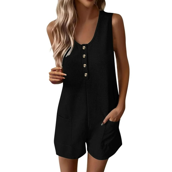 GILIGEGE Womens Summer Casual Romper Sleeveless Waffle Knit Jumpsuits for Woman Short Rompers with Pockets Summer Buttoned Pocket Vest Jumpsuit Solid Color Button Collar Loose Jumpsuit Belt Pocket