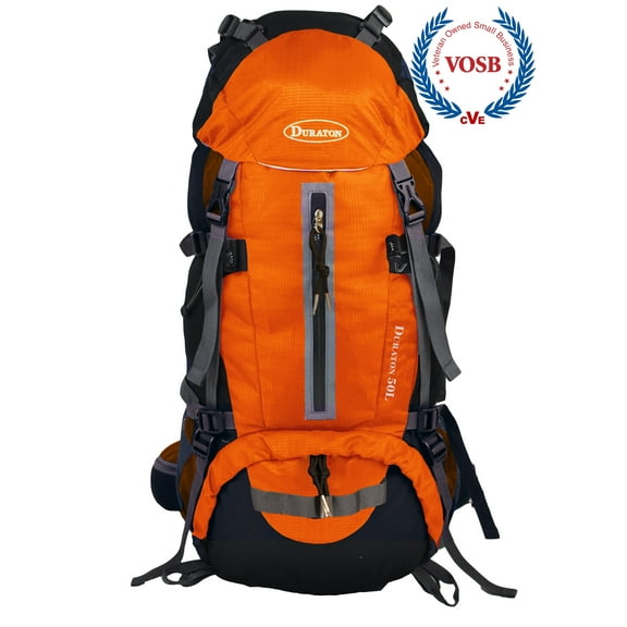 Duraton Hiking Backpack 50L with Rain Cover for Backpacking or Camping (Orange)