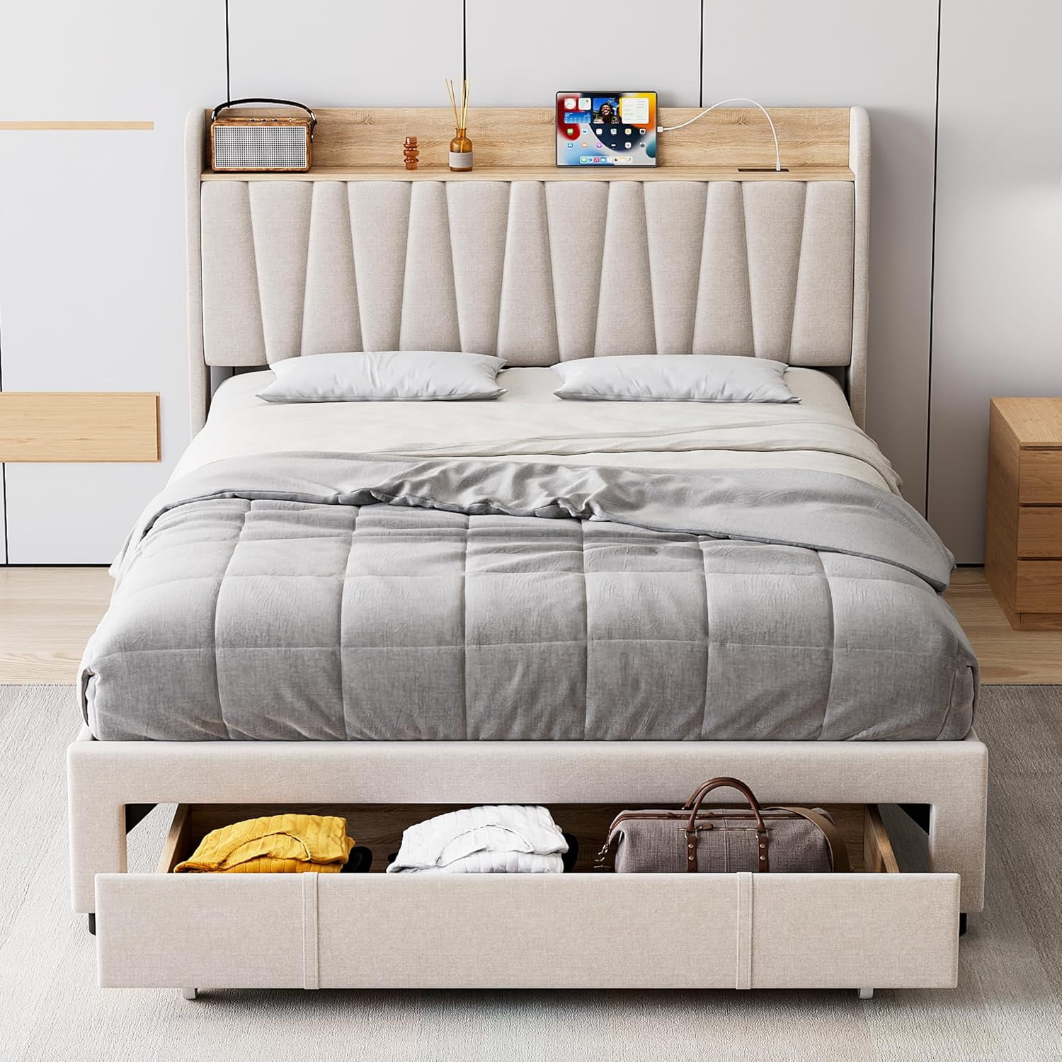 Full/Queen/King Size Bed Frame with Drawer, Upholstered Platform Bed Frame with Storage Headboard and Charging Station, Mattress Foundation with Solid Wooden Slats Support, No Box Spring Needed