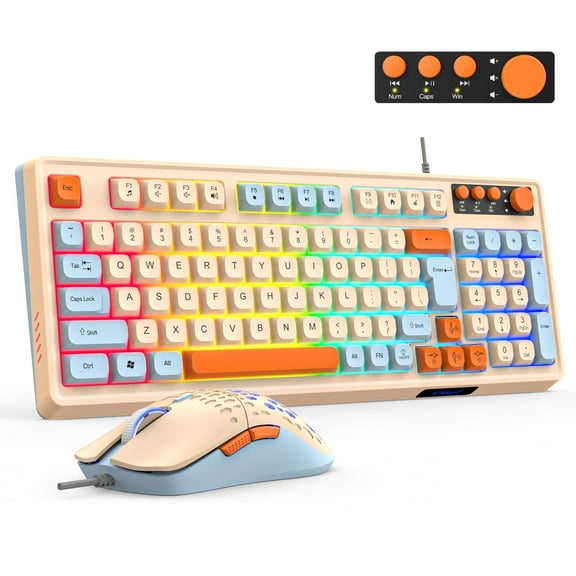 CshidWorld 98-Key RGB Gaming Keyboard & Mouse Combo, Wired Multimedia Keyboard w/ Adjustable Backlight and Dedicated Volume Knob, Silent Keys, Spill-Resistant Design for PC/Laptop Gamers, Multicolor