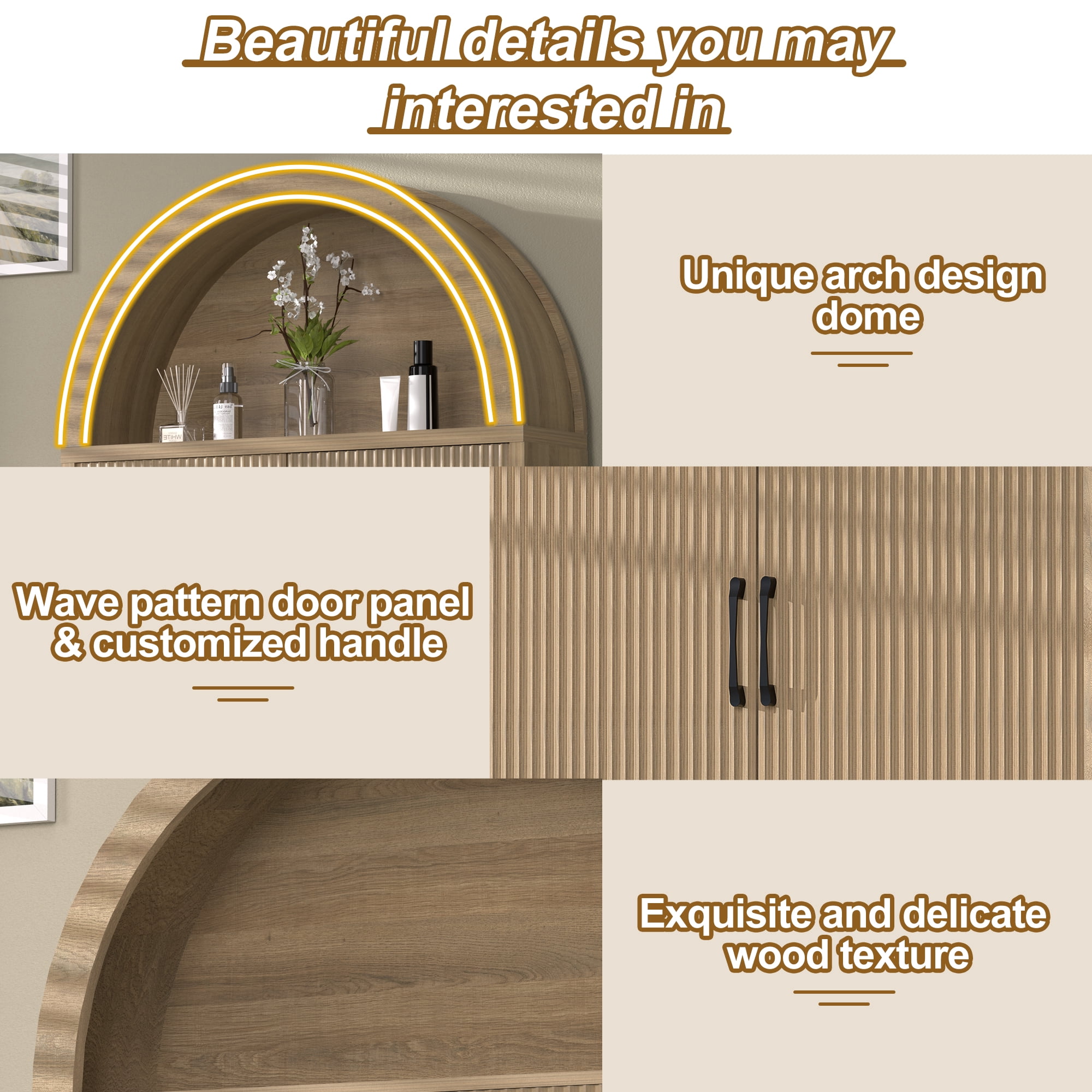 HARIPUL Over The Toilet Storage Cabinet w/ Unique Wood Grain & Arc Design, Freestanding Bathroom Shelf Organizer Space Saver w/ Doors & Anti-Tip Device, Wood Color