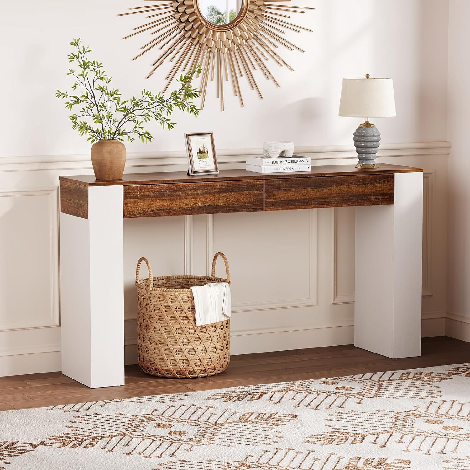 63 Inch Wood Entryway Table - 2 Drawers Slim Console Table Hallway Living Room Brown White