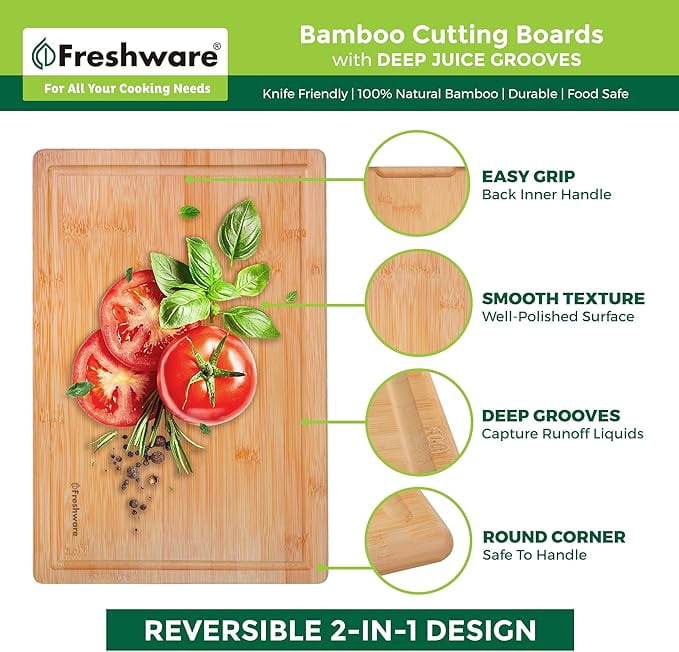Bamboo Kitchen Cutting Boards Set of 2 with Juice Groove and Knife-Friendly Surface