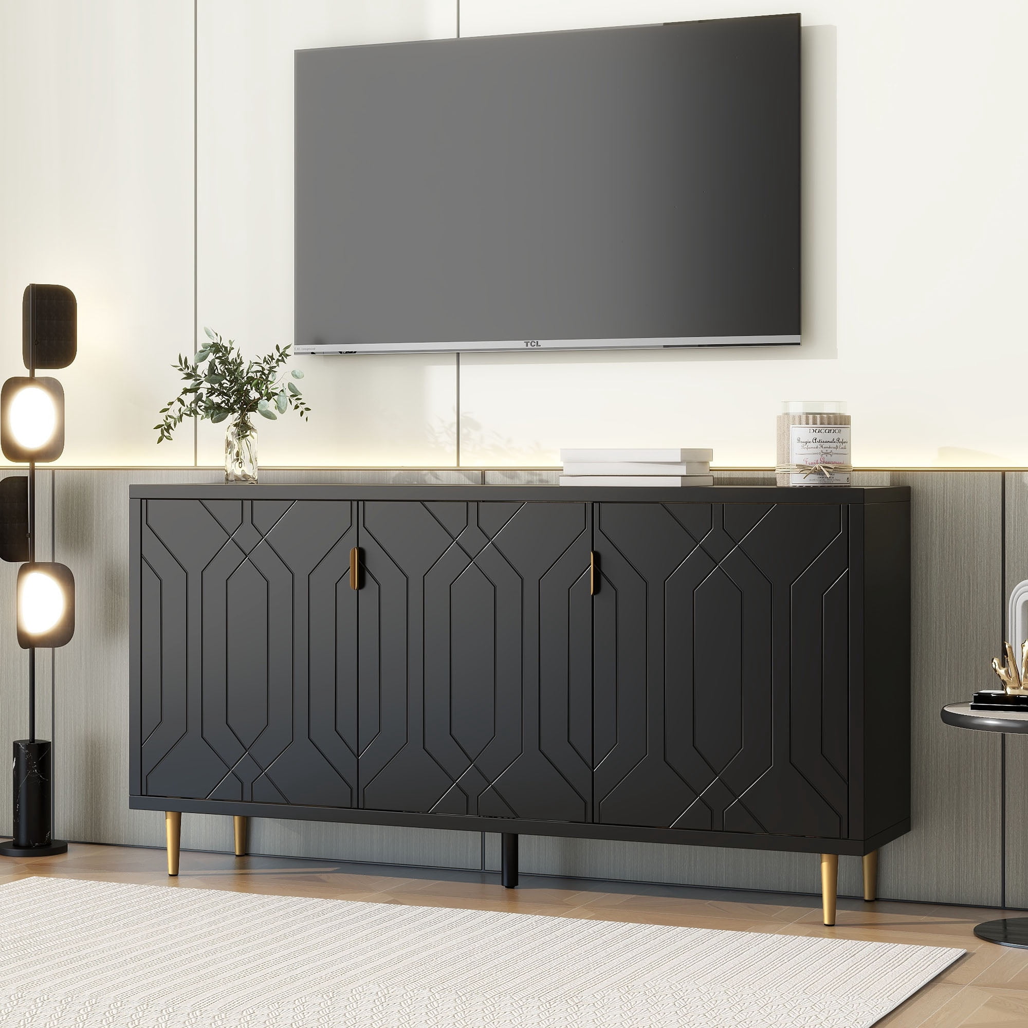 Euroco Modern TV Stand with 3 Doors and Adjustable Shelves, Fits TVs Up to 70 Inches