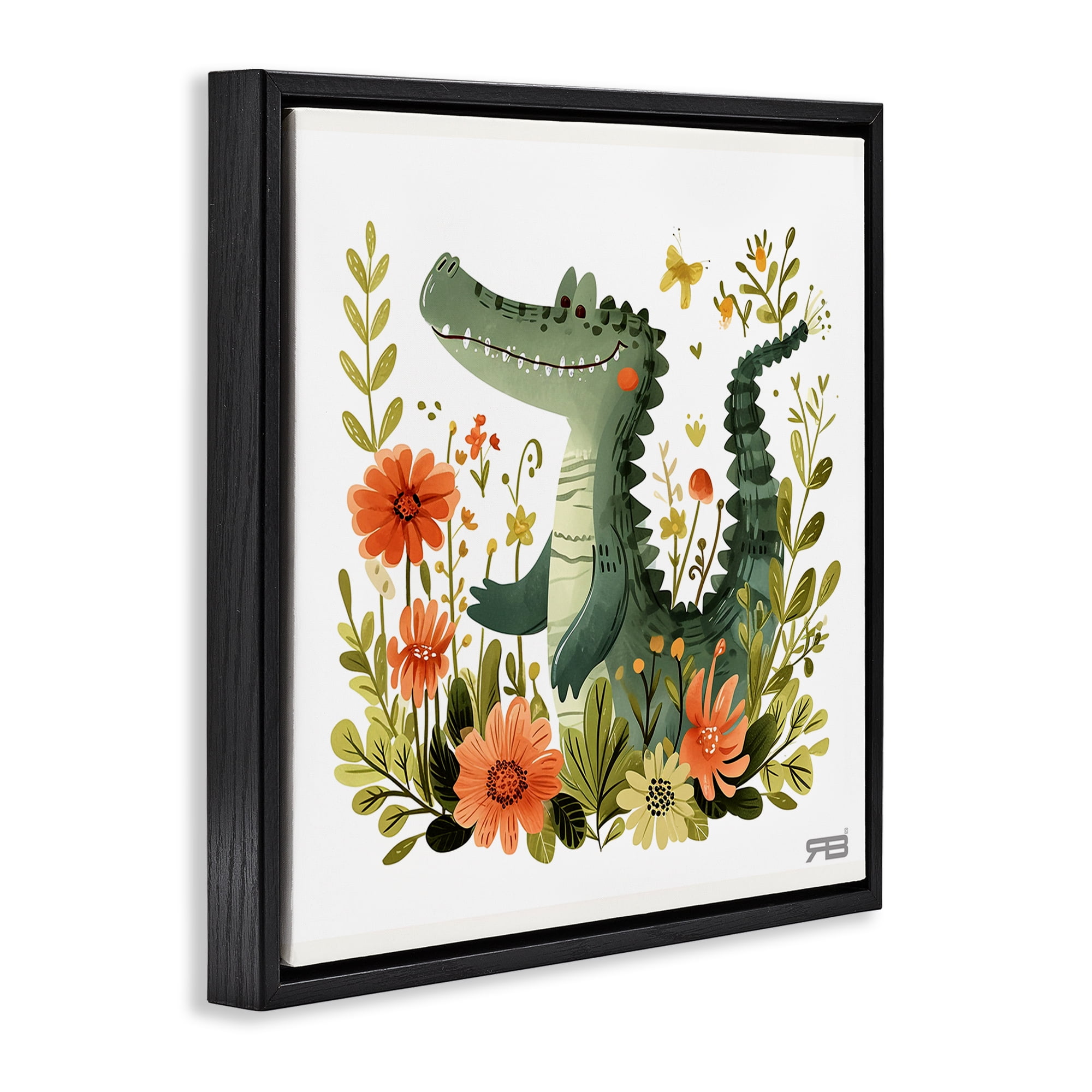 Stupell Industries Floral Happy Alligator Animals Painting Black Floater Framed Canvas Art Print Wall Art, 18 x 18