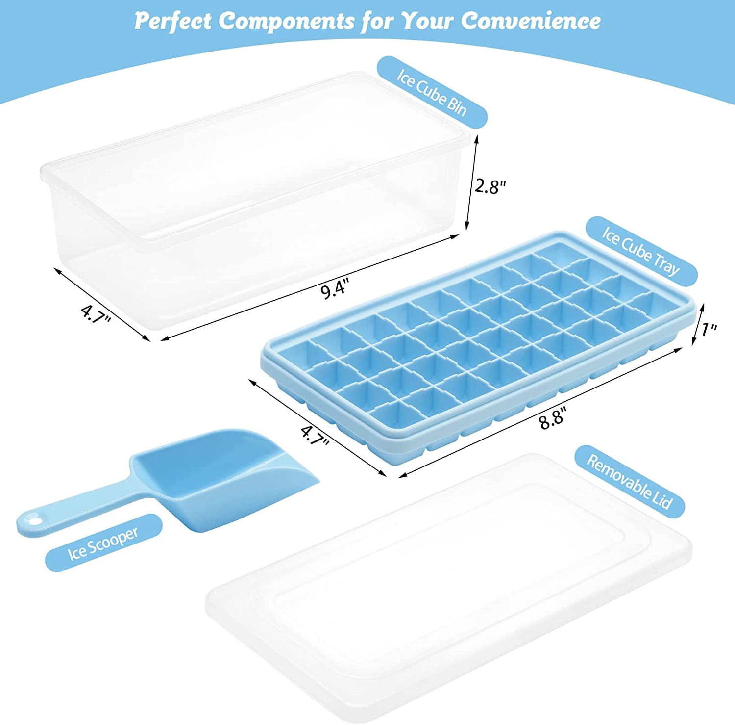 Silicone Ice Cube Tray with Leak-Proof Lid & Storage Bin for Freezer – BPA-Free 36-Piece Nugget Ice Molds, Spill-Resistant Cover & Ice Scoop Container Cover Blue