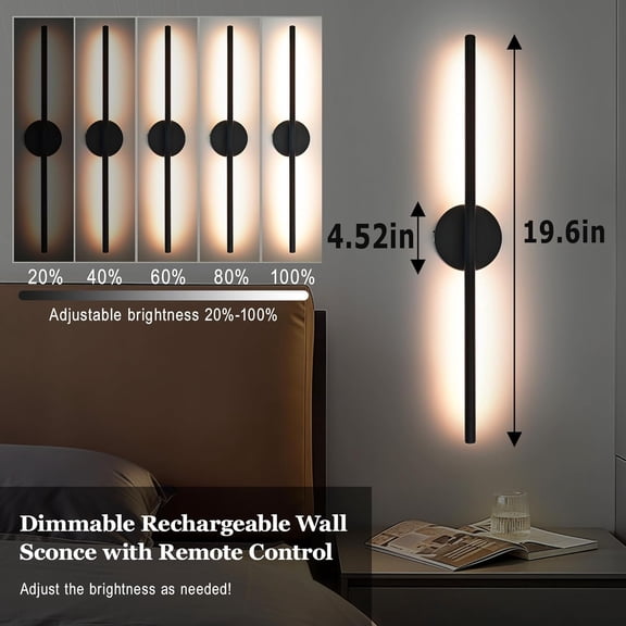 Black Battery Operated Wall Sconces Set of 2 360° Rotate Dimmable LED Wall Lamps 19.6 Inch Wireless Rechargeable Wall Lights with Remote Control