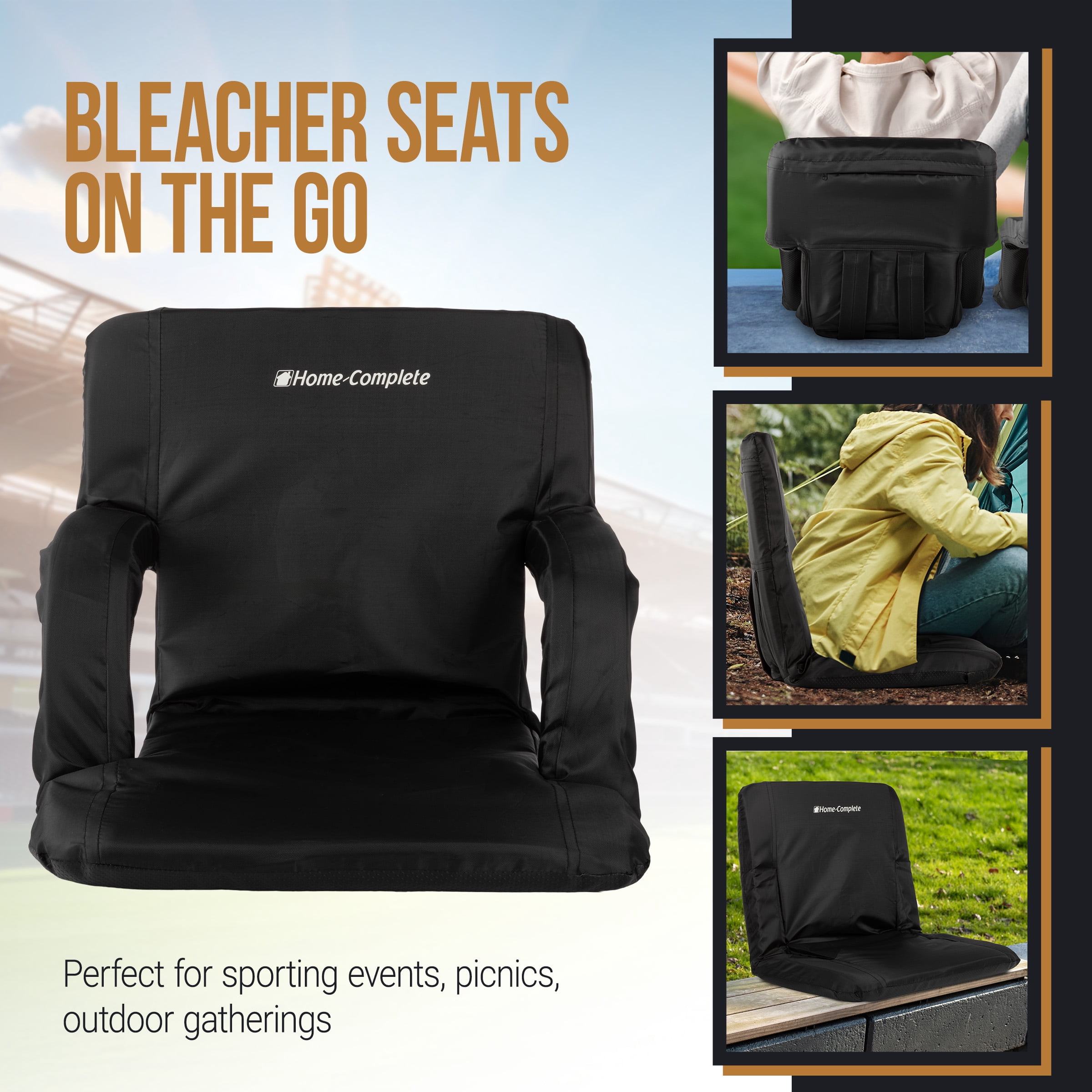 Home-Complete Stadium Seat 2-Pack with Padded Back Support (Black)