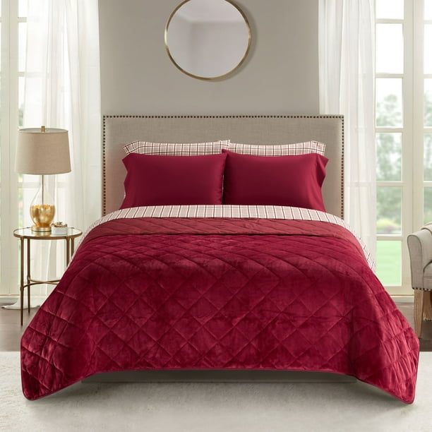 Dearfoams Burgundy Velvet Plush 7 Piece Quilt Bedding Set with Flannel