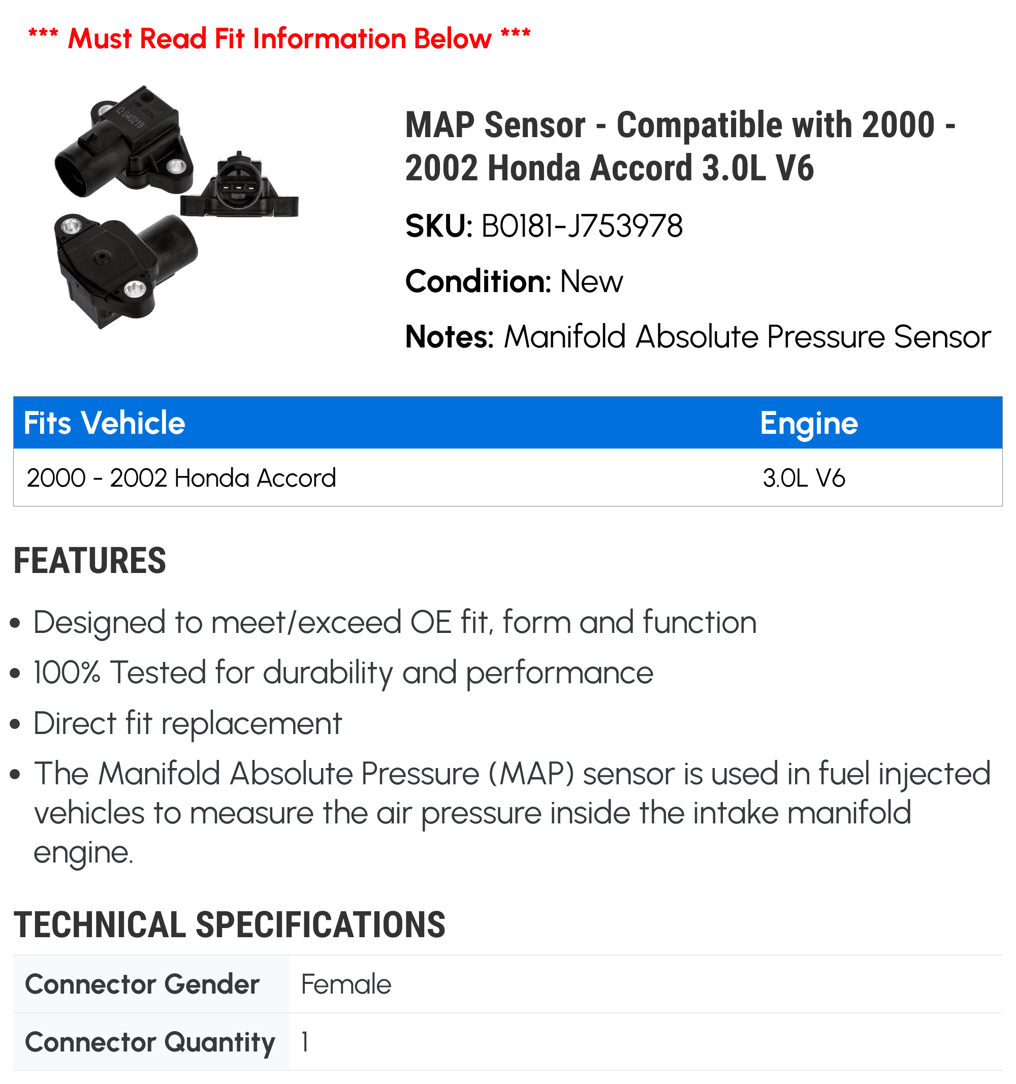 MAP Sensor - Compatible with 2000 - 2002 Honda Accord 3.0L V6 2001