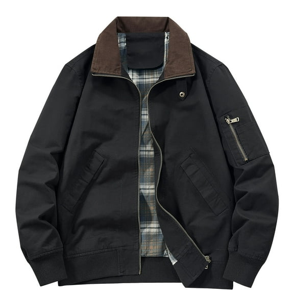 Mens Cotton Jackets Casual Long Sleeve Zip Up Sherpa Jacket with Pockets Business Work Coat, Black, 2XL