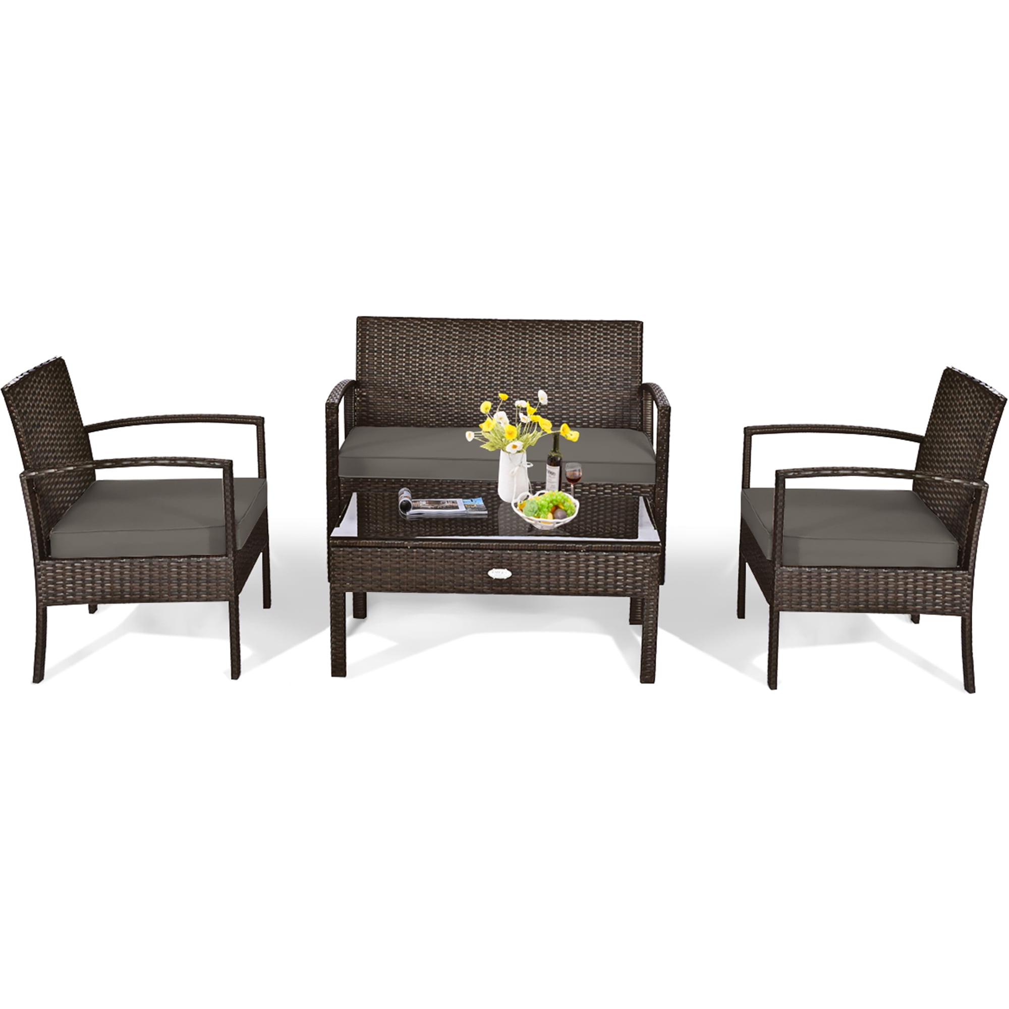 Gymax 4PCS Patio Garden Outdoor Rattan Wicker Furniture Set Brown