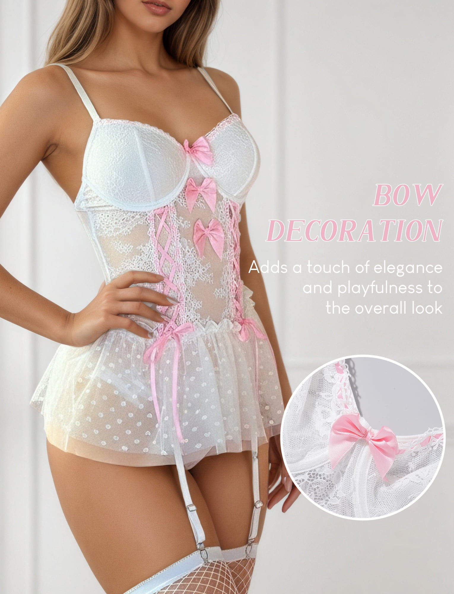Ausing Women Lace Bodysuit Mesh Corset Nightwear Underwear Lingerie Set with Stockings Garter Belt Thong 3 Piece S White