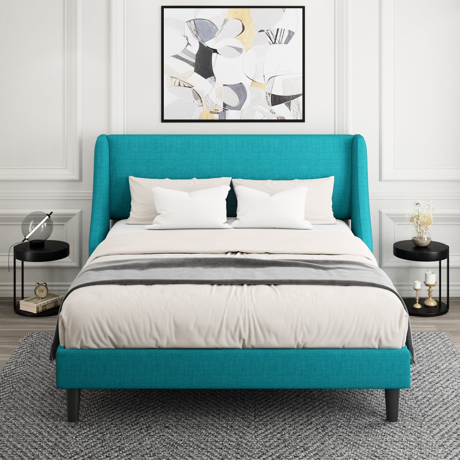 Amolife King Size Modern Platform Upholstered Bed Frame with Deluxe Wingback, Lake Blue