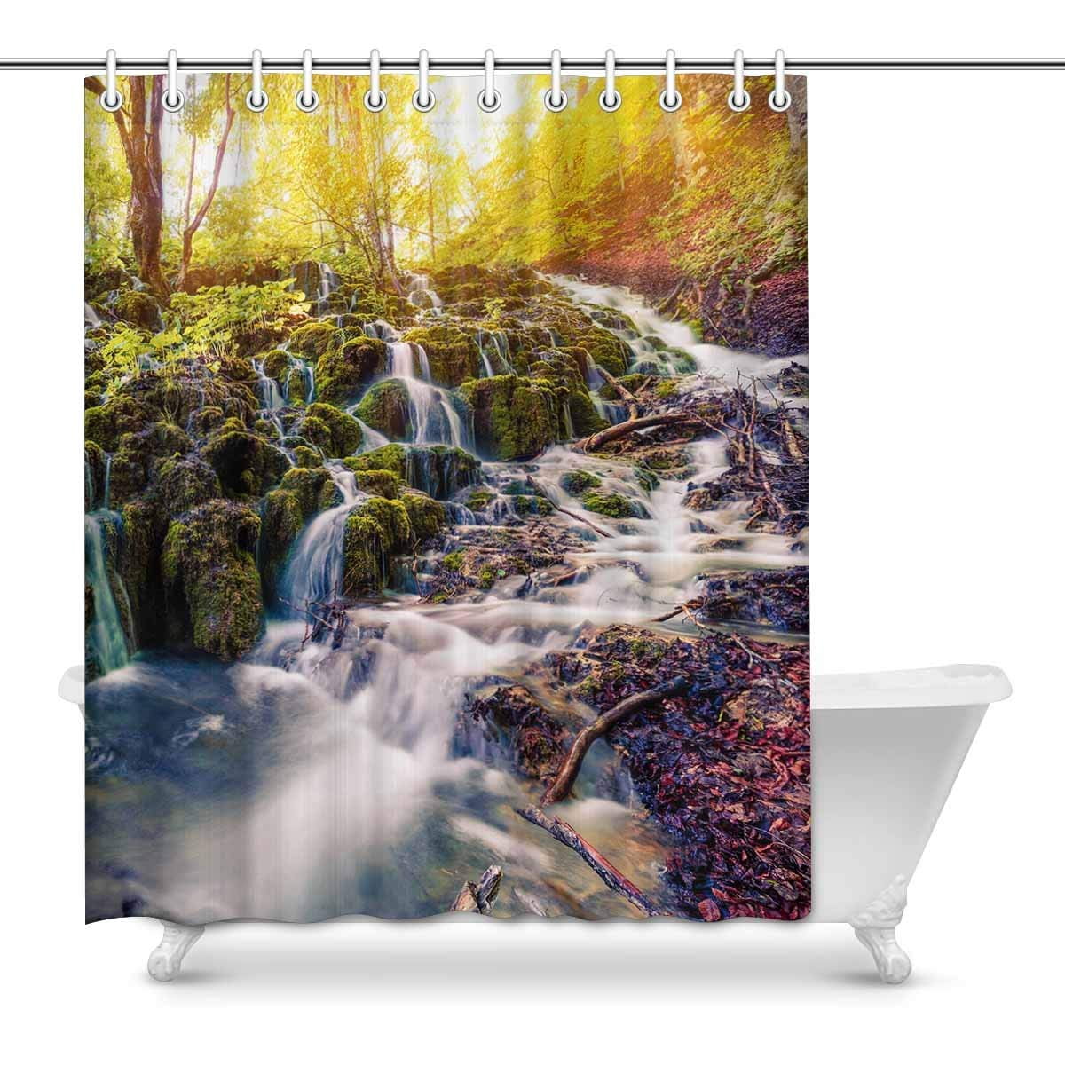 ARTJIA Colorful Spring Scene Shower Curtain, Green Forest Waterfall