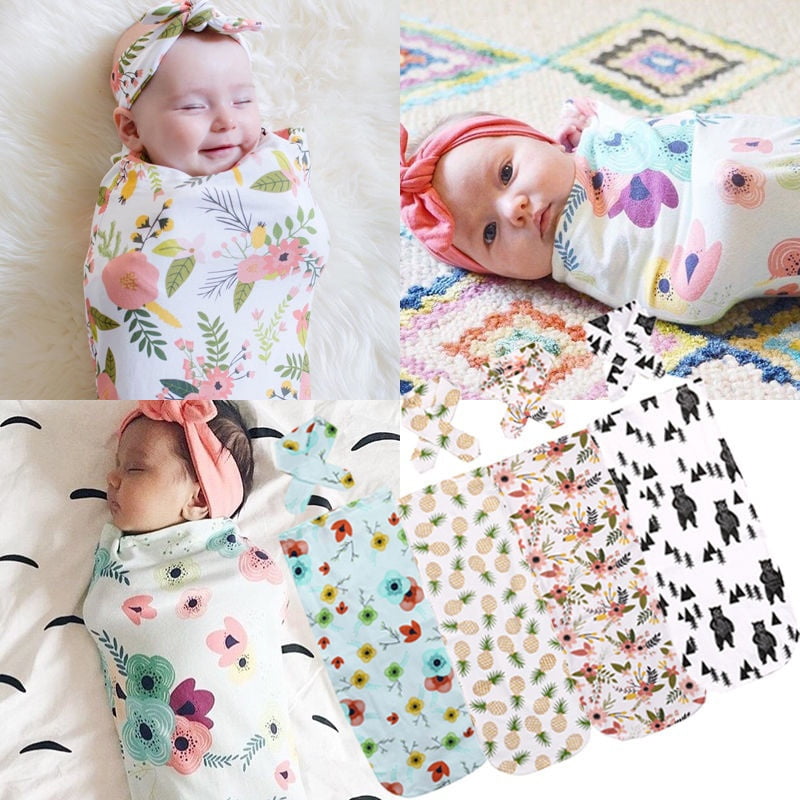 Newborn Infant Baby Swaddle Blanket Soft Sleep Swaddle Muslin Wrap Headband O1 