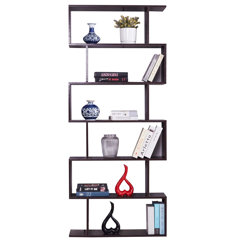 6-Tier Shelf Geometric Bookcase S-Shaped Particle Board Modern Ladder Bookshelf 
