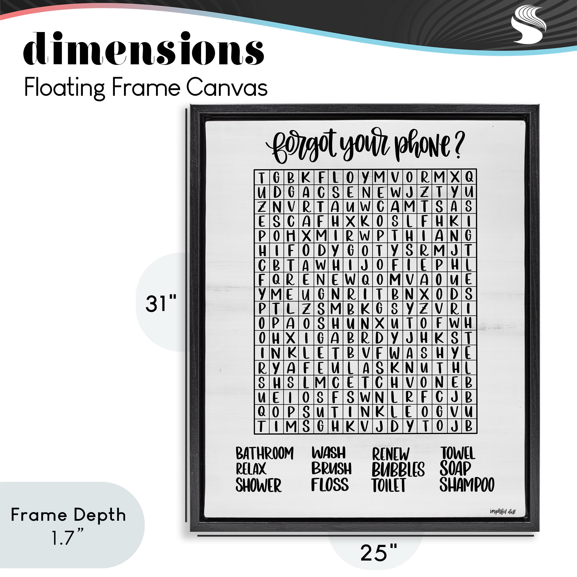 Stupell Industries Forgot Phone Bathroom Wordsearch Black Framed Floater Canvas Wall Art, design by Imperfect Dust