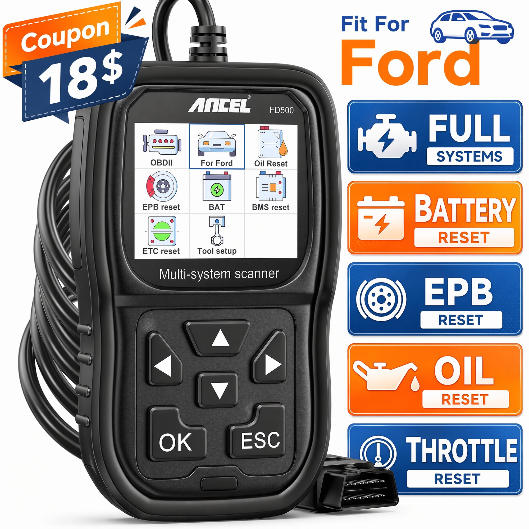 ANCEL FD500 Automotive Diagnostic Tool with OBD2 Functions, Multicolor