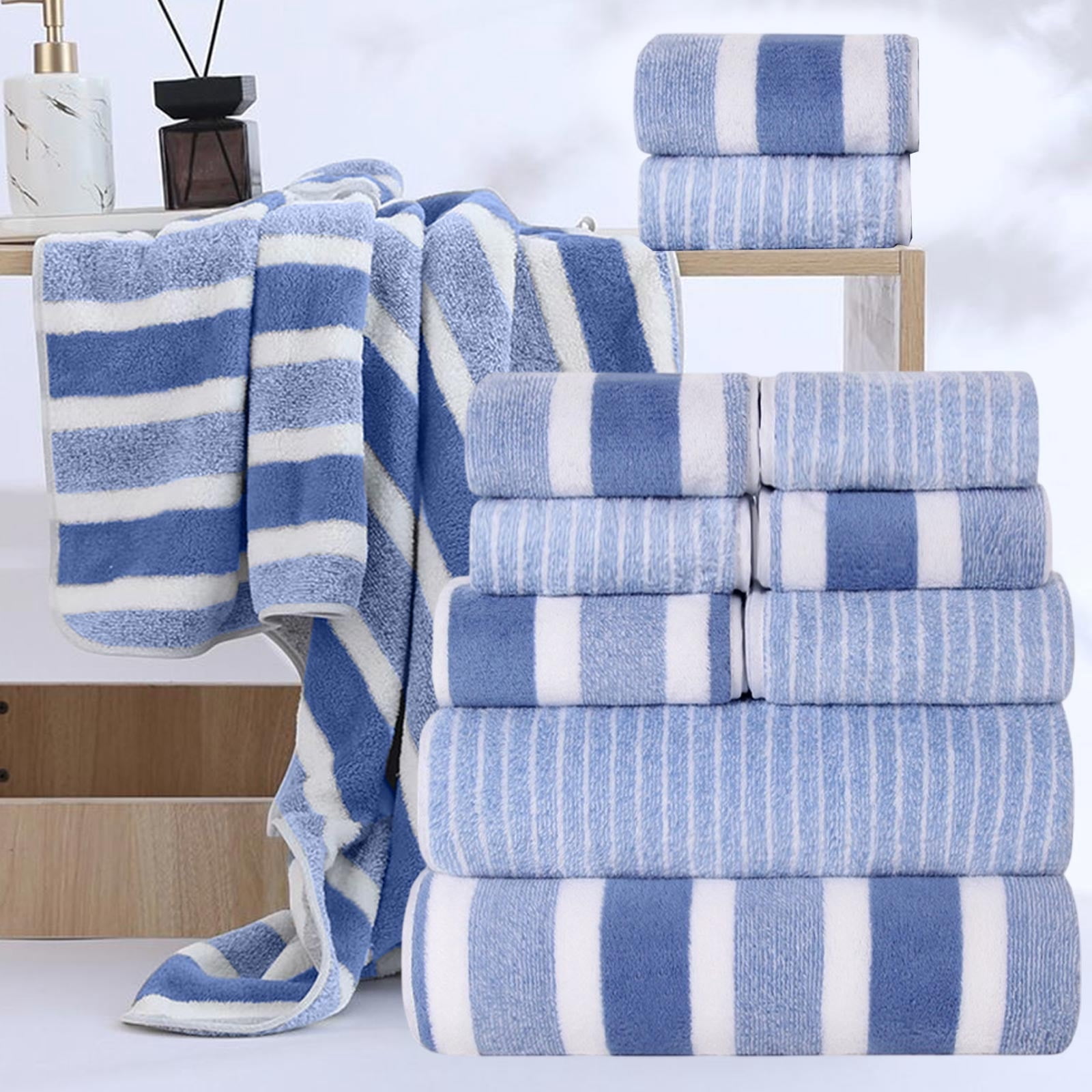 Ultra Soft Bath Towel Set 8-Piece, Velvet Wide Stripe Towel Washcloth Bath Towel, Microfiber Absorbent Quick Dry Towels for Bathroom, Spa, Gym, Pool Shower Beach (Blue)